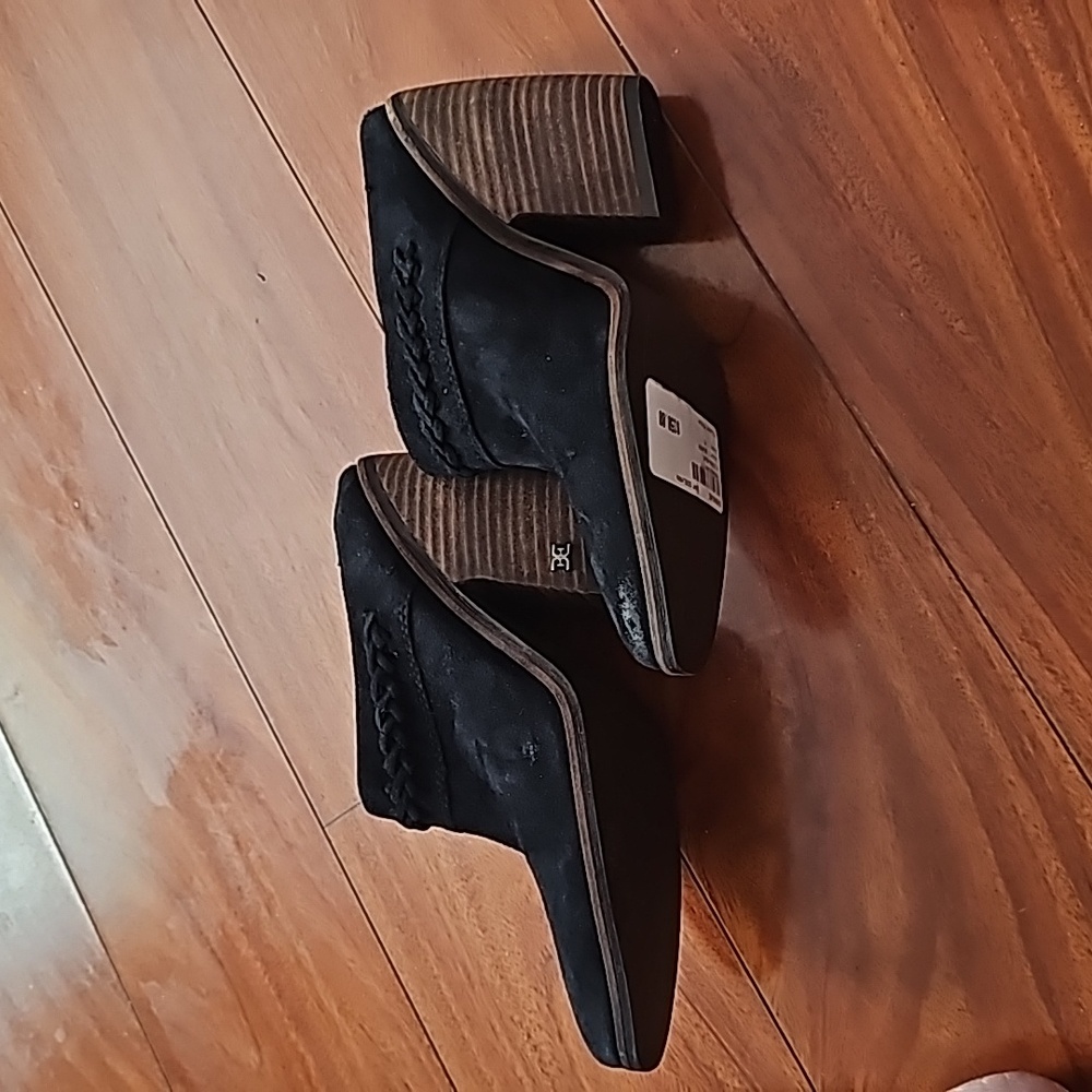 Sam Edelman NWT Alison Desert Mules Pointed Toe Stacked Heel Suede Black Sz 6